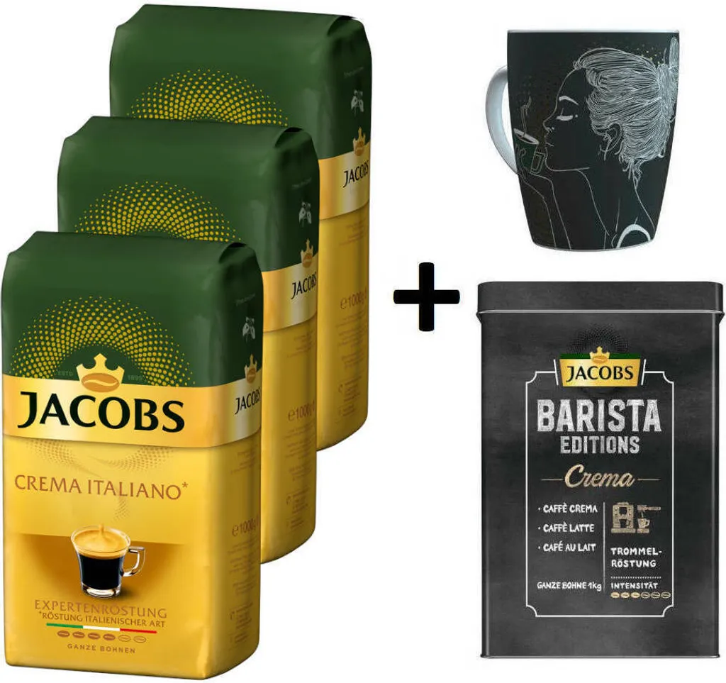 JACOBS Kaffeebohnen Expertenröstung Crema Italiano 3 Kg Geröstete Bohnen+ 1 Jacobs Barista Becher+ 1 Dose 1 JACOBS Kaffeebohnen Expertenröstung Crema Italiano 3 Kg Geröstete Bohnen+ 1 Jacobs Barista Becher+ 1 Dose