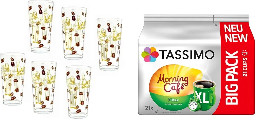 Tassimo Kapseln Morning Café Filter XL, 21er Big Pack 163.8 G Plus 6 Gläser 350ml… 1 Tassimo Kapseln Morning Café Filter XL, 21er Big Pack 163.8 G Plus 6 Gläser 350ml…