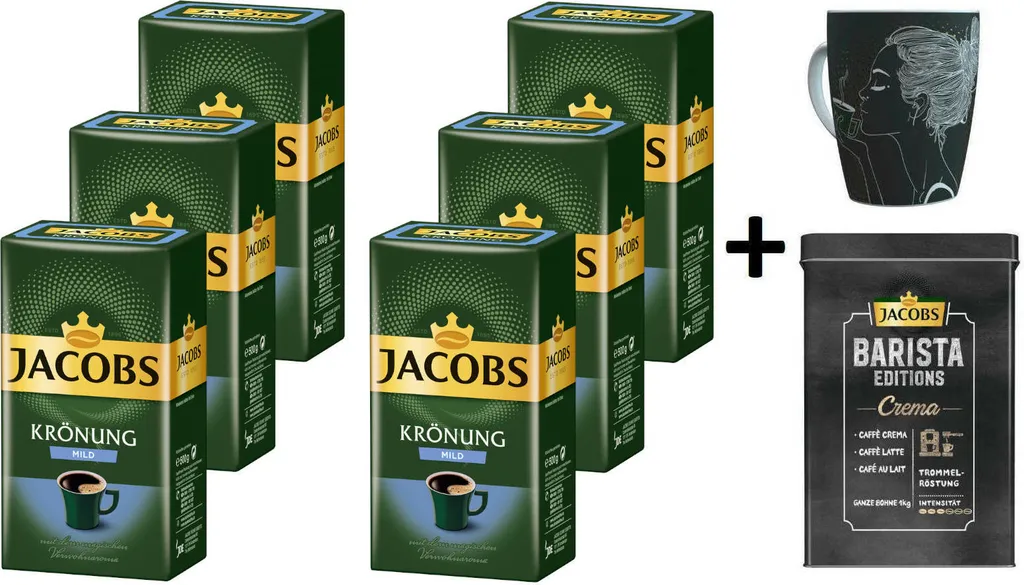 JACOBS Filterkaffee Krönung Mild 6 X 500 G Kaffee Gemahlen + 1 Becher + 1 Dose 1 JACOBS Filterkaffee Krönung Mild 6 X 500 G Kaffee Gemahlen + 1 Becher + 1 Dose