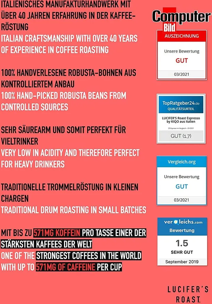 LUCIFER'S ROAST 4x1kg Espresso By KIQO Aus Italien - Starke Kaffeebohnen Für Kaffeevollautomaten Und Siebträger - Säurearm - 100% Robusta (ganze Bohnen, 4x1kg) 3 LUCIFER'S ROAST 4x1kg Espresso By KIQO Aus Italien - Starke Kaffeebohnen Für Kaffeevollautomaten Und Siebträger - Säurearm - 100% Robusta (ganze Bohnen, 4x1kg) – Bild 3