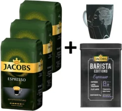 JACOBS Kaffeebohnen Expertenröstung Espresso 3 Kg Ganze Espressobohnen + 1 Jacobs Barista Becher + 1 Dose