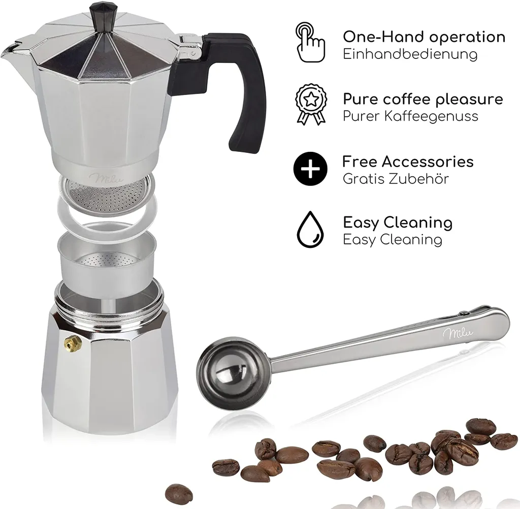 Milu Espressokocher (No Induktion) | 2, 3, 6, 9 Tassen | Aluminium Mokkakanne, Espressokanne, Espresso Maker Set Inkl. Untersetzer, Löffel, Bürste (Aluminium, 4 Tassen (300ml) 2 Milu Espressokocher (No Induktion) | 2, 3, 6, 9 Tassen | Aluminium Mokkakanne, Espressokanne, Espresso Maker Set Inkl. Untersetzer, Löffel, Bürste (Aluminium, 4 Tassen (300ml) – Bild 2