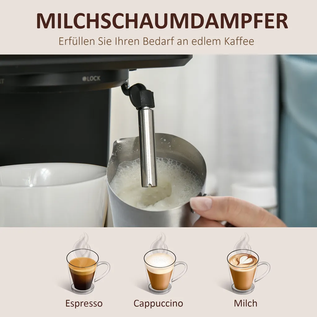HOMCOM Espressomaschine Kaffeemaschine Aus Edelstahl Siebträgermaschine Mit Milchschäumer 1,5L Wassertank 15 Bar Für Espresso Cappuccino Latte Milchkaffee 850 W 4 HOMCOM Espressomaschine Kaffeemaschine Aus Edelstahl Siebträgermaschine Mit Milchschäumer 1,5L Wassertank 15 Bar Für Espresso Cappuccino Latte Milchkaffee 850 W – Bild 4
