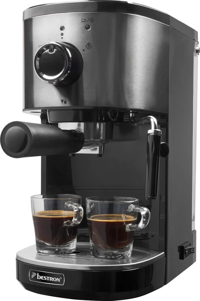 Bestron Espressomaschine Für 2 Tassen, Kolbenmaschine Mit Schwenkbarer Dampfdüse, Inkl. Integriertem Tassenwärmer, Herausnehmbarem Wassertank & 15 Bar Pumpendruck, 1.450 Watt, Farbe: Silber 1 Bestron Espressomaschine Für 2 Tassen, Kolbenmaschine Mit Schwenkbarer Dampfdüse, Inkl. Integriertem Tassenwärmer, Herausnehmbarem Wassertank & 15 Bar Pumpendruck, 1.450 Watt, Farbe: Silber