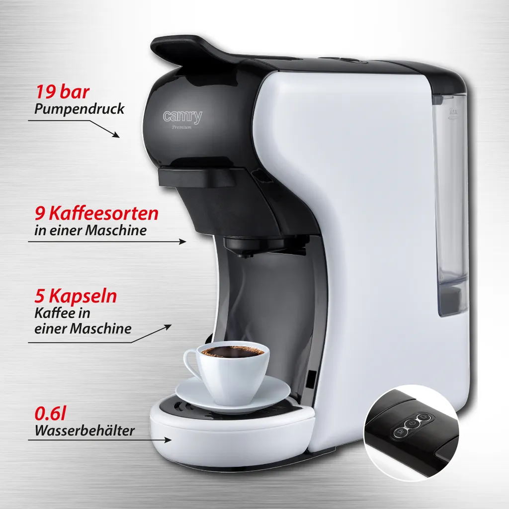 Adler Camry CR 4414 Multi-Espressomaschine Mit 5 Kapselkaffeeeinsätzen 19 Bar Pumpendruck 4 Adler Camry CR 4414 Multi-Espressomaschine Mit 5 Kapselkaffeeeinsätzen 19 Bar Pumpendruck – Bild 4