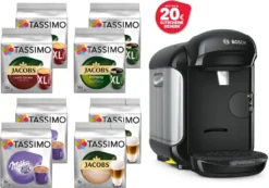 TASSIMO Kapseln Aktions-Paket 8 Packungen (4 Sorten) + Vivy 2 Schwarz Gratis