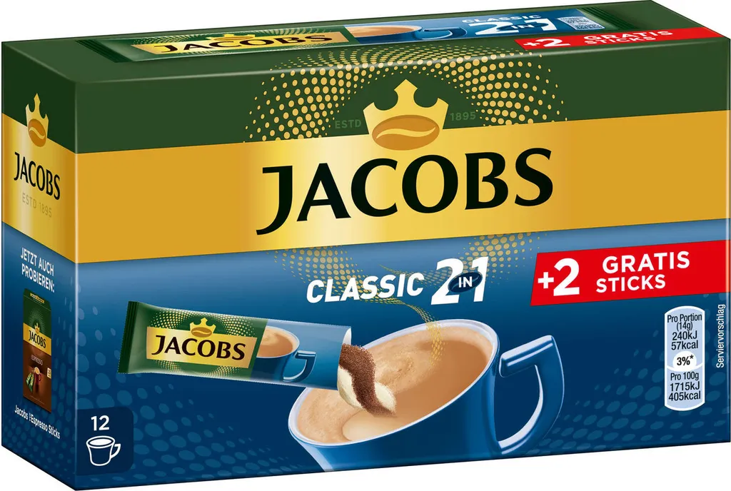 JACOBS Löskaffee Classic 2in1 Löslicher Kaffee 12 X 10+2 Sticks Instantkaffee 2 JACOBS Löskaffee Classic 2in1 Löslicher Kaffee 12 X 10+2 Sticks Instantkaffee – Bild 2