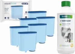 Set Für Espressomaschinen: 6x AquaFloow Cleani Wasserfilterpatrone Für Saeco/Philips Espressomaschinen + Wessper CleanMax Green 500ml Entkalker