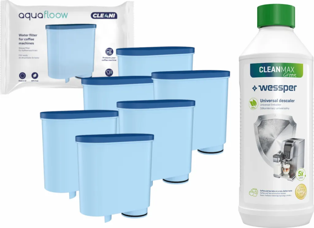 Set Für Espressomaschinen: 6x AquaFloow Cleani Wasserfilterpatrone Für Saeco/Philips Espressomaschinen + Wessper CleanMax Green 500ml Entkalker 1 Set Für Espressomaschinen: 6x AquaFloow Cleani Wasserfilterpatrone Für Saeco/Philips Espressomaschinen + Wessper CleanMax Green 500ml Entkalker