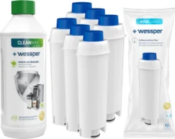 Wessper Set: 6x Wessper AquaLunga Wasserfilterpatrone Für DeLonghi Kaffeemaschinen (Ersatz SER3017 DLS C002) + Wessper CleanMax 500ml Entkalker