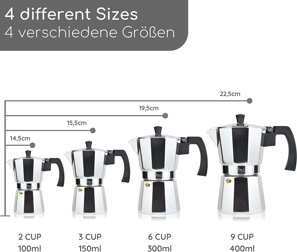 Milu Espressokocher (No Induktion) | 2, 3, 6, 9 Tassen | Aluminium Mokkakanne, Espressokanne, Espresso Maker Set Inkl. Untersetzer, Löffel, Bürste (Aluminium, 4 Tassen (300ml) 5 Milu Espressokocher (No Induktion) | 2, 3, 6, 9 Tassen | Aluminium Mokkakanne, Espressokanne, Espresso Maker Set Inkl. Untersetzer, Löffel, Bürste (Aluminium, 4 Tassen (300ml) – Bild 5