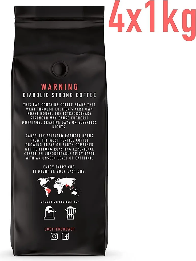 LUCIFER'S ROAST 4x1kg Espresso By KIQO Aus Italien - Starke Kaffeebohnen Für Kaffeevollautomaten Und Siebträger - Säurearm - 100% Robusta (ganze Bohnen, 4x1kg) 2 LUCIFER'S ROAST 4x1kg Espresso By KIQO Aus Italien - Starke Kaffeebohnen Für Kaffeevollautomaten Und Siebträger - Säurearm - 100% Robusta (ganze Bohnen, 4x1kg) – Bild 2