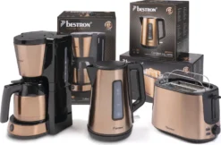Bestron Filter-Kaffeemaschine Für 8 Tassen Kaffee, Inkl. 1L Thermokanne + Toaster Mit 2 Röstkammern + Wasserkocher Mit 360° Basis, Vorteilspaket Der Copper Collection, Farbe: Kupfer