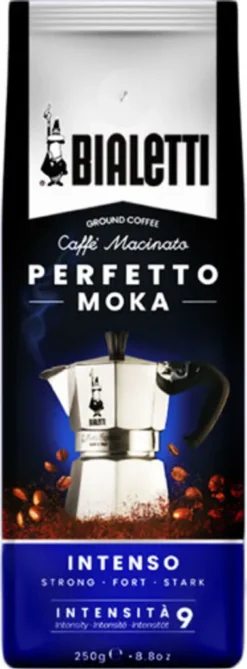 Bialetti Perfetto Moka Stark 250 G, 250 G, Dunkle Röstung, Kaffee, 30% Arabica, 70% Robust, Tasche