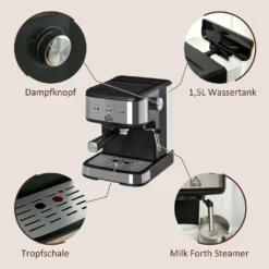 HOMCOM Espressomaschine Kaffeemaschine Aus Edelstahl Siebträgermaschine Mit Milchschäumer 1,5L Wassertank 15 Bar Für Espresso Cappuccino Latte Milchkaffee 850 W 13 HOMCOM Espressomaschine Kaffeemaschine Aus Edelstahl Siebträgermaschine Mit Milchschäumer 1,5L Wassertank 15 Bar Für Espresso Cappuccino Latte Milchkaffee 850 W -De’Longhi Verkaufsgeschäft b04d280dcc4669e70ed11f7c0bb62e6a