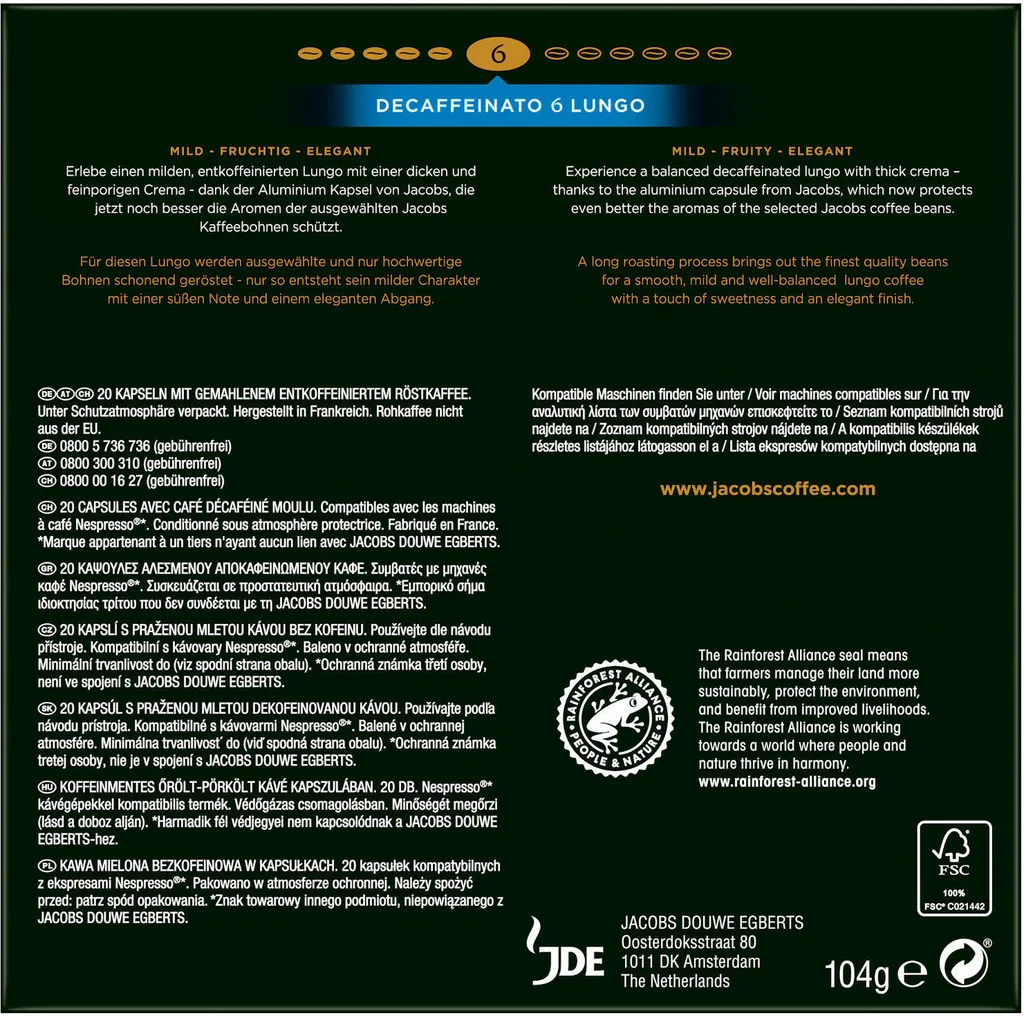 JACOBS Kapseln Decaffeinato 6 Lungo Entkoffeiniert 1 X 20 Nespresso®* Kompatible Kaffeekapseln 3 JACOBS Kapseln Decaffeinato 6 Lungo Entkoffeiniert 1 X 20 Nespresso®* Kompatible Kaffeekapseln – Bild 3