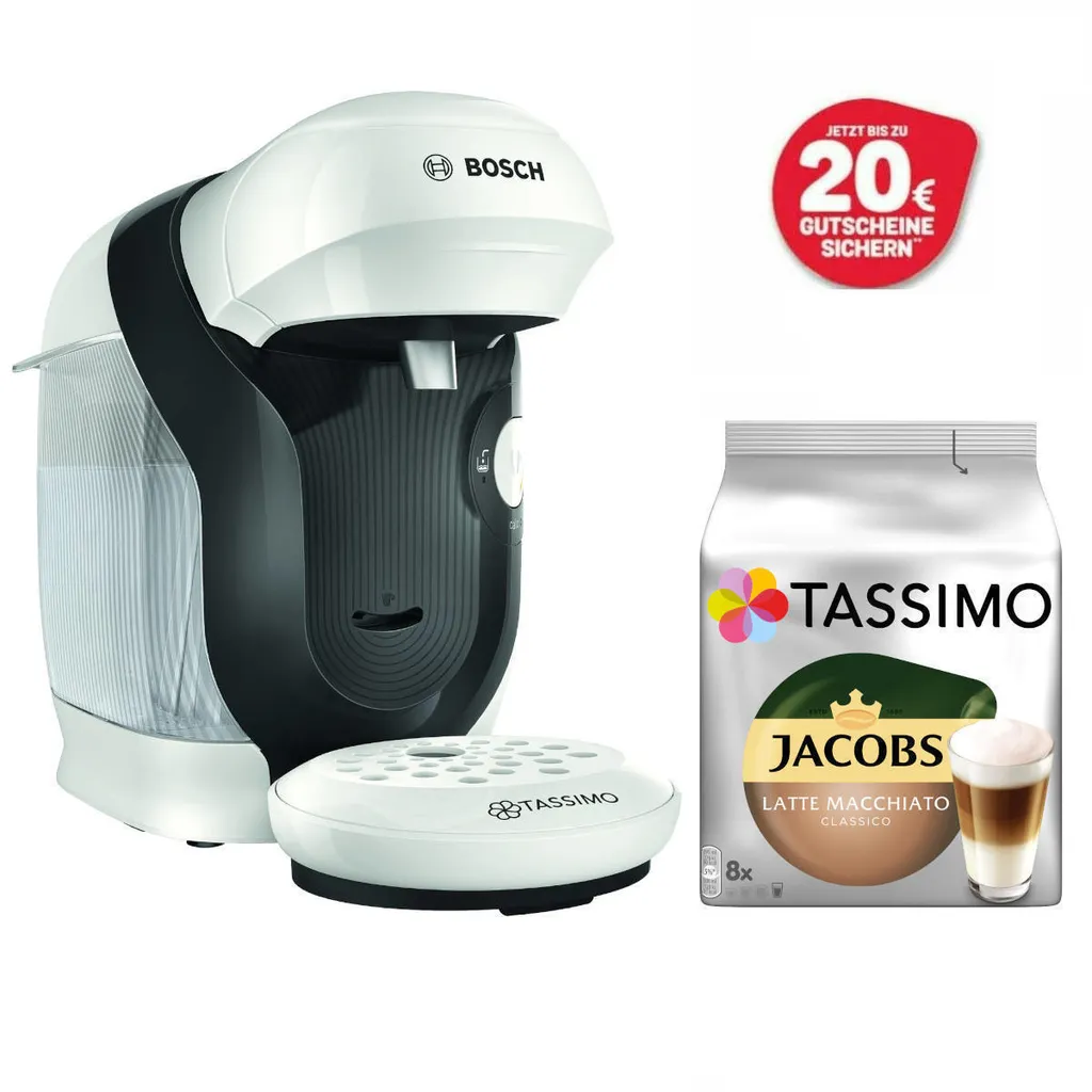 Bosch TASSIMO Style Weiß +20€ Gutschein 1400 Watt +1 Packung Latte Macchiato 1 Bosch TASSIMO Style Weiß +20€ Gutschein 1400 Watt +1 Packung Latte Macchiato